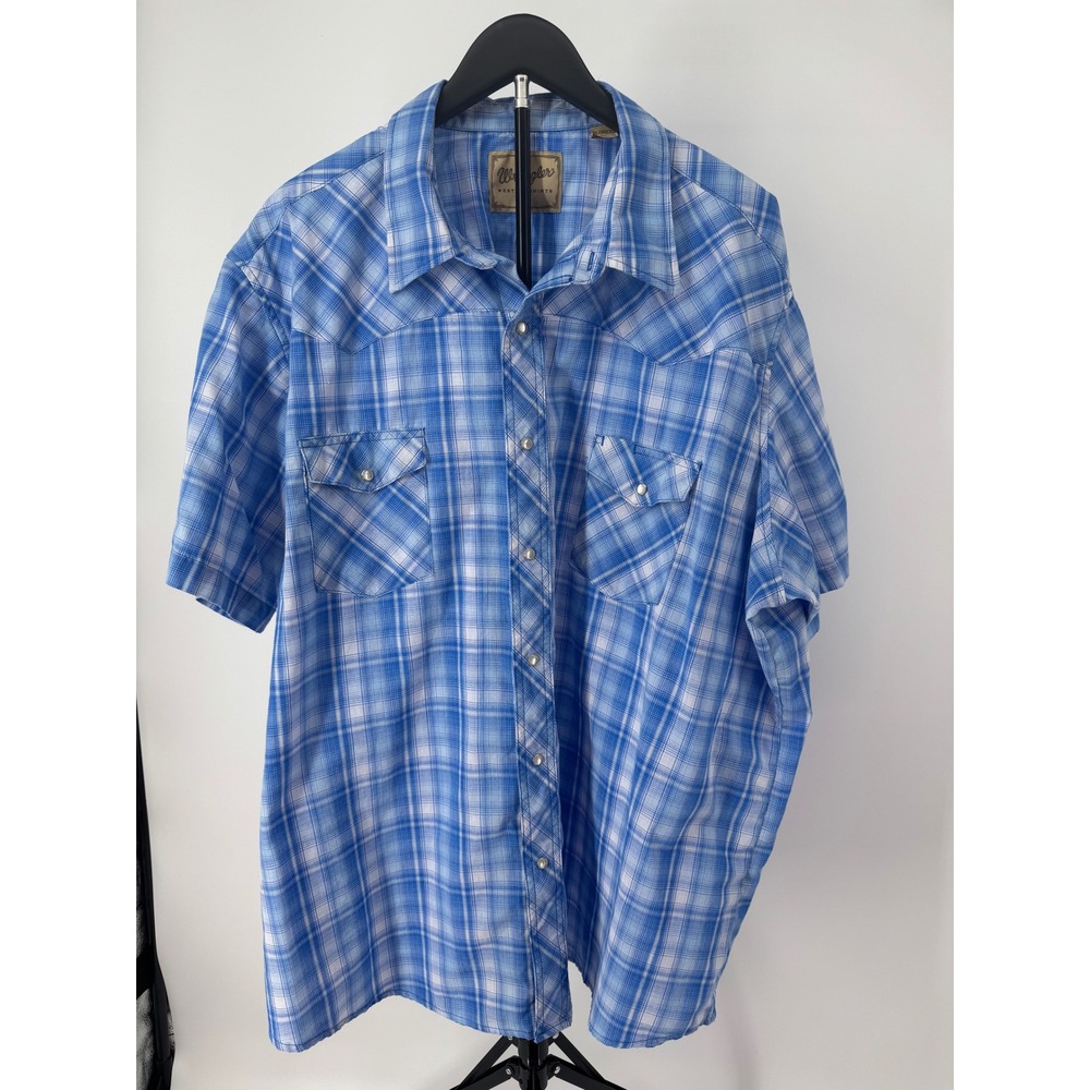 Wrangler Western Shirt Mens 3XL Blue White Plaid Short Sleeve Pearl Snap Shirt